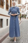  Cepleri Boncuk Detaylı Kot Elbise Lacivert 6804