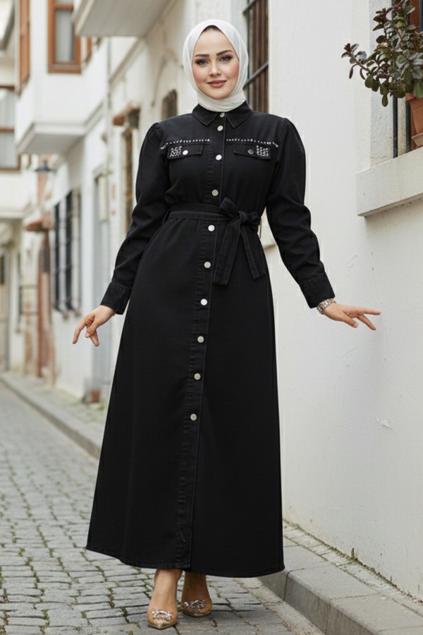 Cepleri Boncuk Detaylı Kot Elbise Siyah 6804 Cepleri Boncuk Detaylı Kot Elbise Siyah 6804