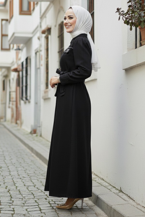 Cepleri Boncuk Detaylı Kot Elbise Siyah 6804 Cepleri Boncuk Detaylı Kot Elbise Siyah 6804