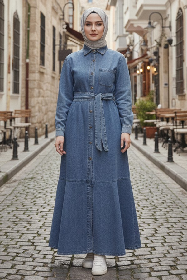  Düğmeli Tesettür Kot Elbise Lacivert 6807