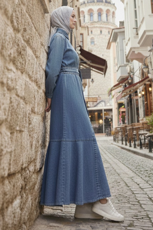  Düğmeli Tesettür Kot Elbise Lacivert 6807