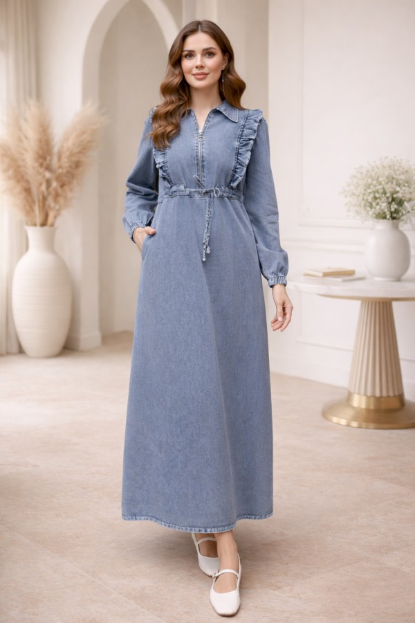 Fırfır Detaylı Kot Elbise Mavi 6808 Fırfır Detaylı Kot Elbise Mavi 6808