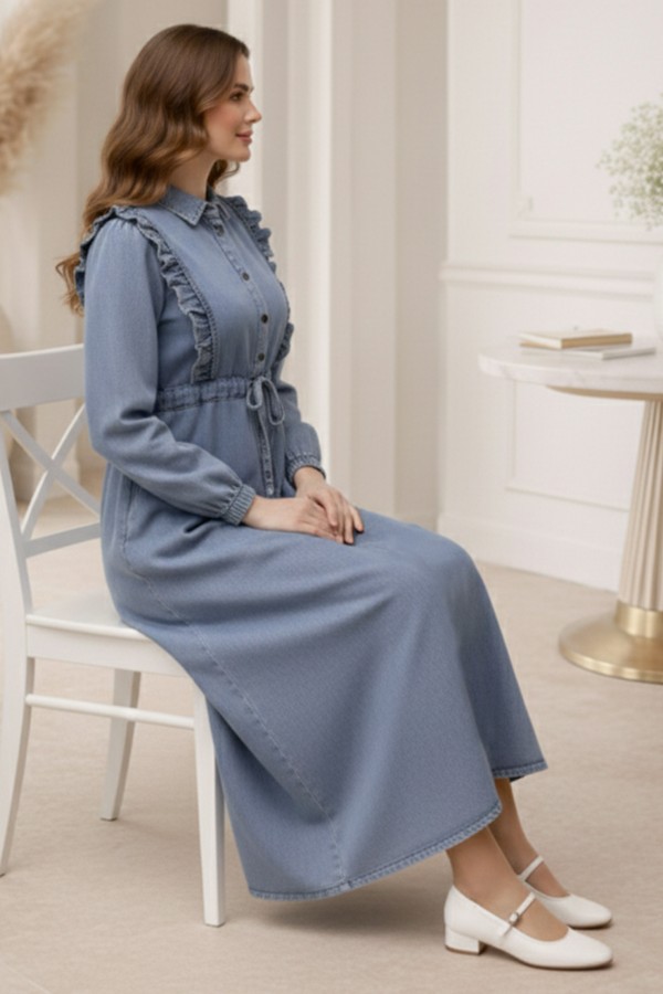 Fırfır Detaylı Kot Elbise Mavi 6808 Fırfır Detaylı Kot Elbise Mavi 6808