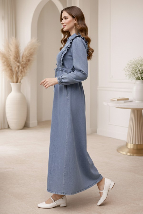 Fırfır Detaylı Kot Elbise Mavi 6808 Fırfır Detaylı Kot Elbise Mavi 6808