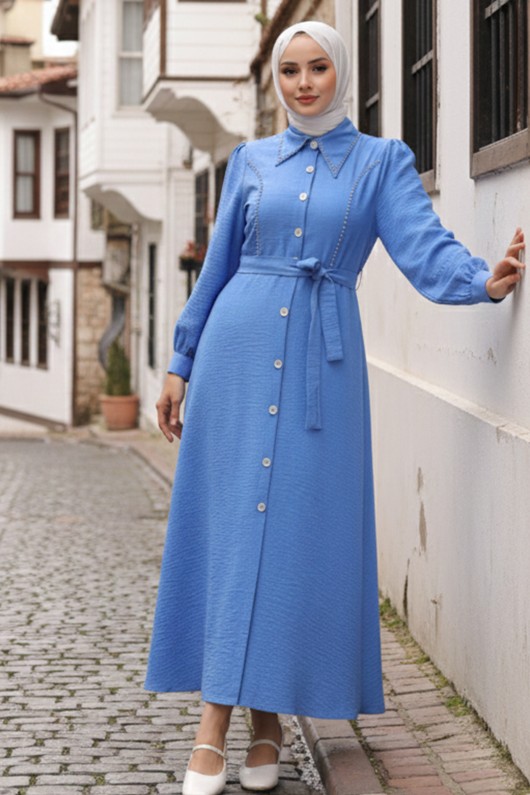 Boncuk Detaylı Elbise Mavi 6809