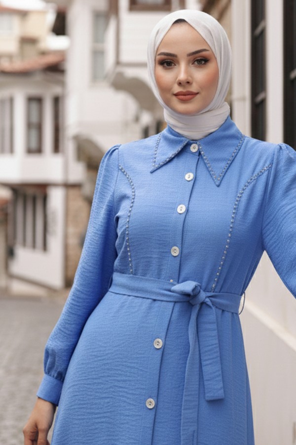 Boncuk Detaylı Elbise Mavi 6809