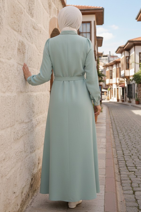  Boncuk Detaylı Elbise Mint Yeşili 6809