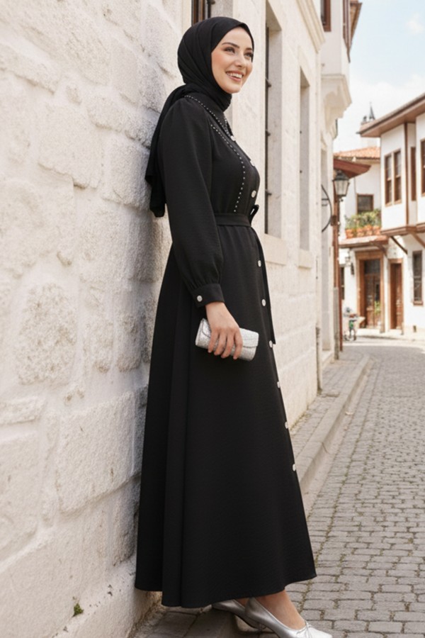  Boncuk Detaylı Elbise Siyah 6809