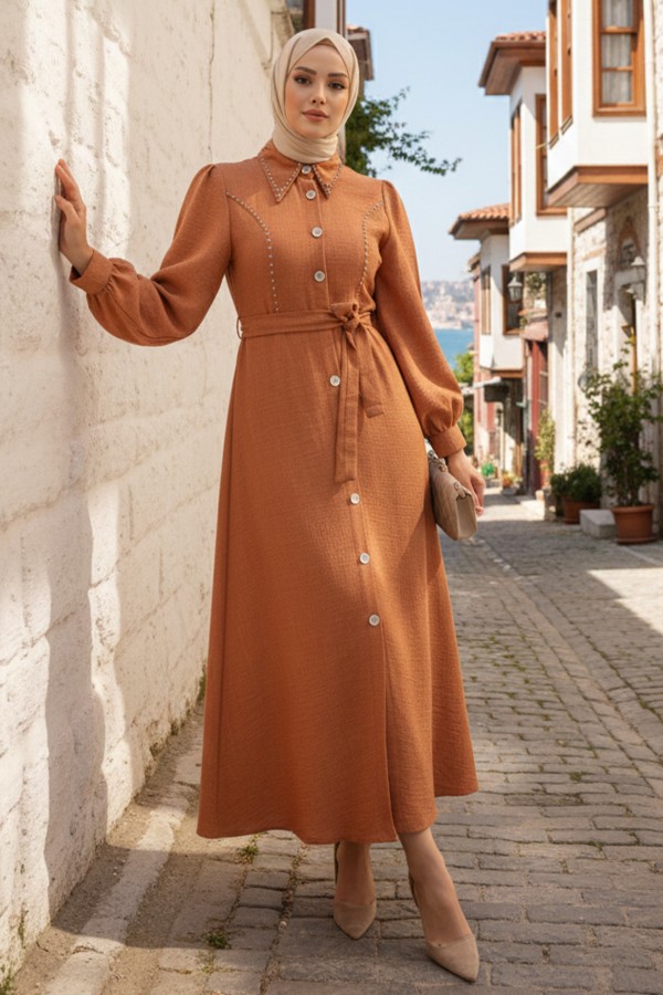  Boncuk Detaylı Elbise Tarçın 6809