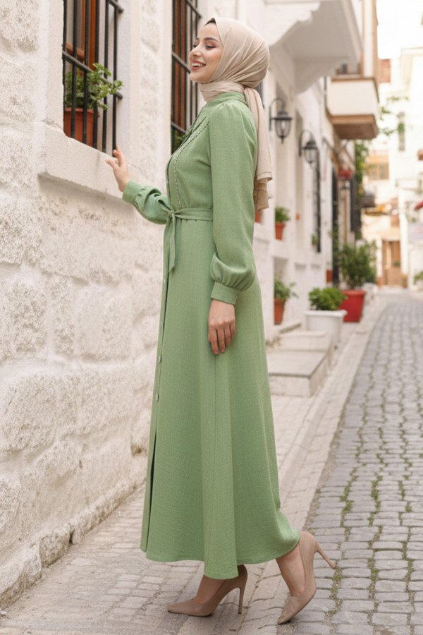  Boncuk Detaylı Elbise Yeşil 6809