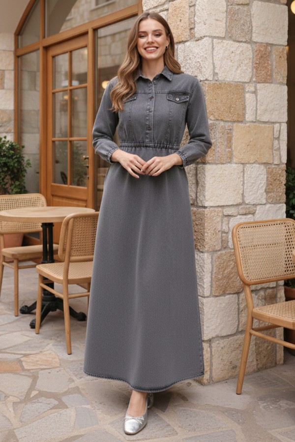 Beli Lastikli Kot Elbise Gri 6952 Beli Lastikli Kot Elbise Gri 6952