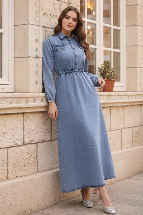 Beli Lastikli Kot Elbise Mavi 6952 Beli Lastikli Kot Elbise Mavi 6952