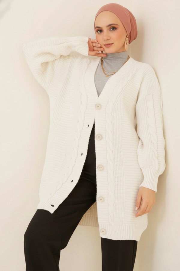  Örgü Desenli Önden Düğmeli Hırka Taş 6999