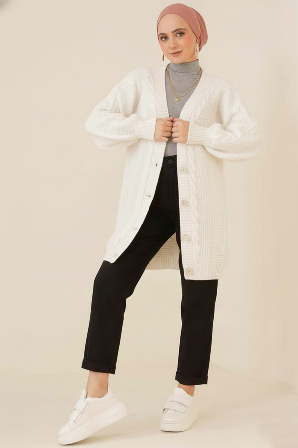  Örgü Desenli Önden Düğmeli Hırka Taş 6999