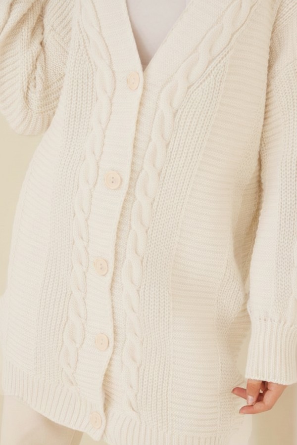  Örgü Desenli Önden Düğmeli Hırka Taş 6999