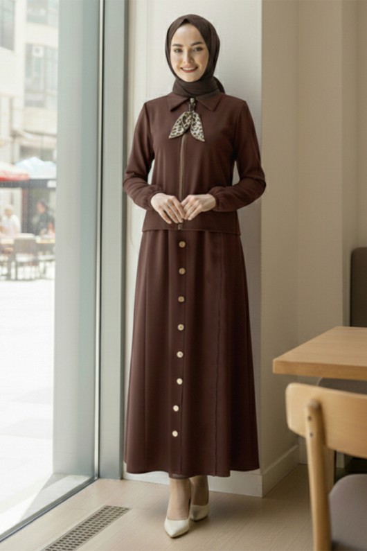 Fularlı Tesettür İkili Takım N7173 Kahverengi