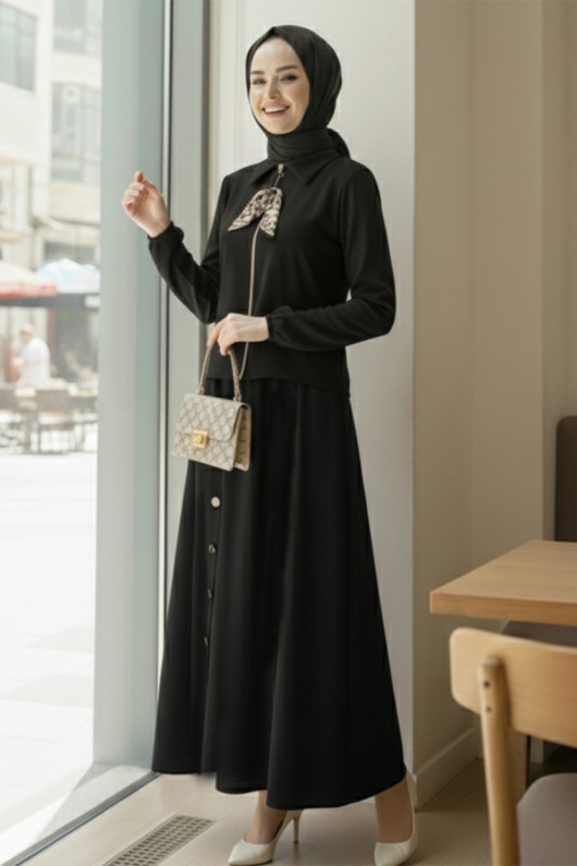 Fularlı Tesettür İkili Takım N7173 Siyah