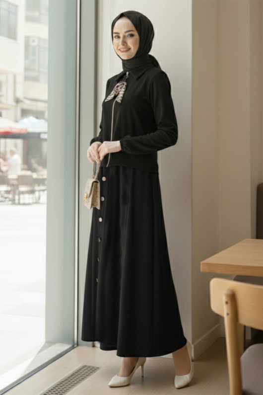 Fularlı Tesettür İkili Takım N7173 Siyah