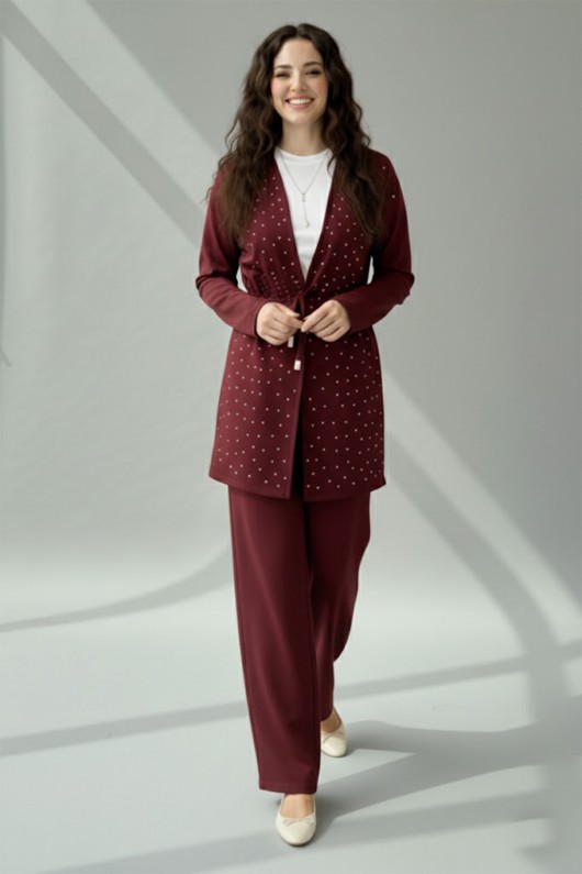 Taşlı Tesettür İkili Takım N7176 Bordo