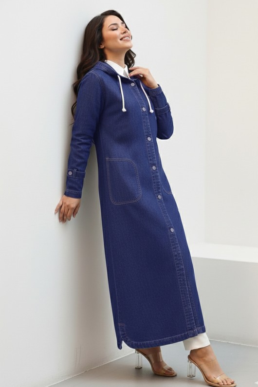 Kapüşonlu Düğmeli Spor Kot Kap O7563-1 Lacivert Kapüşonlu Düğmeli Spor Kot Kap O7563-1 Lacivert