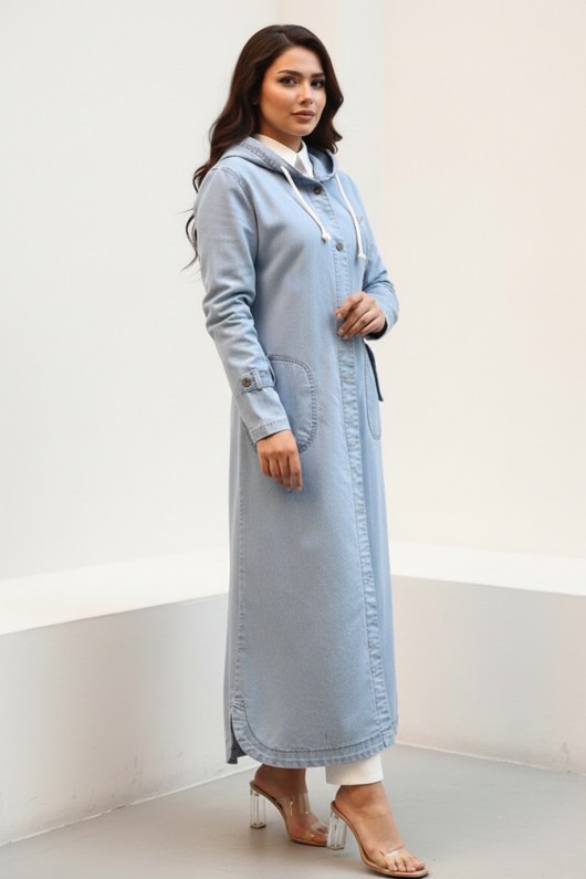 Kapüşonlu Düğmeli Spor Kot Kap O7563-1 Mavi Kapüşonlu Düğmeli Spor Kot Kap O7563-1 Mavi