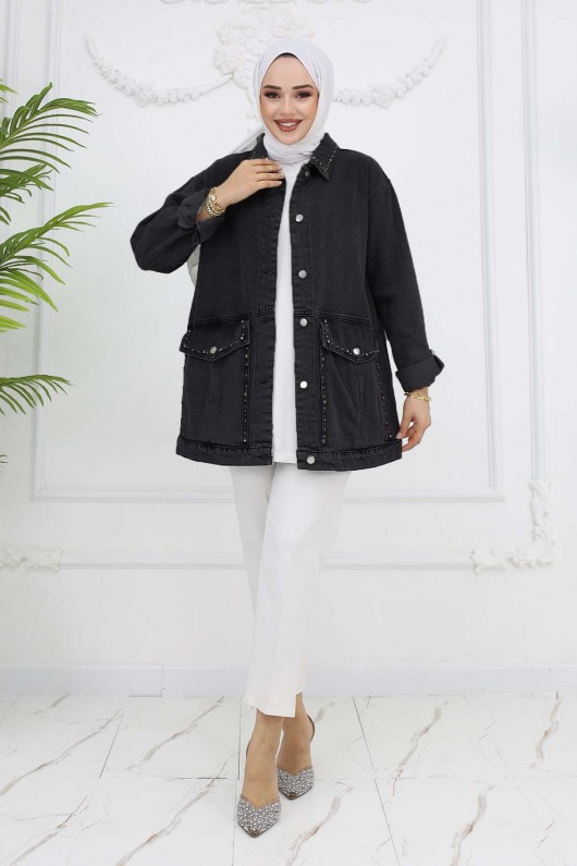 Taş İşlemeli Cepli Kot Ceket Siyah 7902