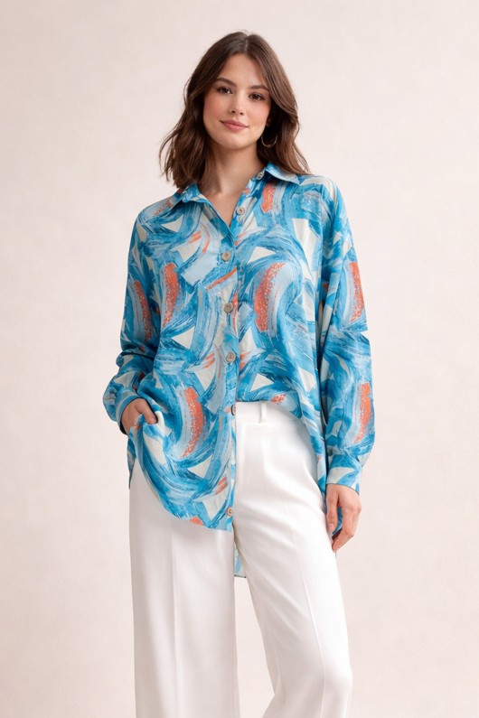  Desenli Tesettür Gömlek Turkuaz 8880