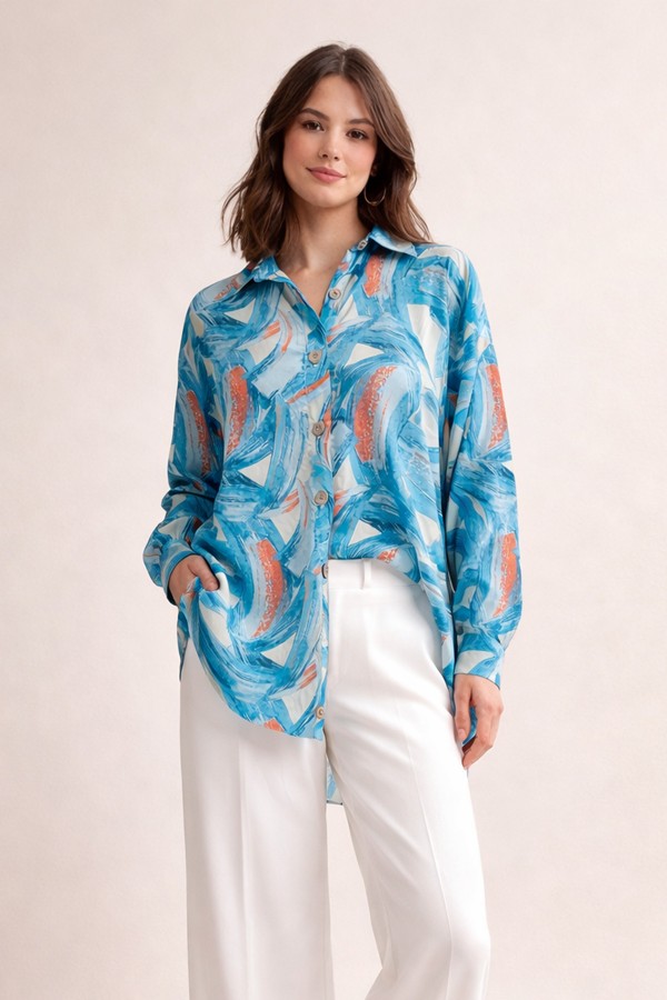  Desenli Tesettür Gömlek Turkuaz 8880