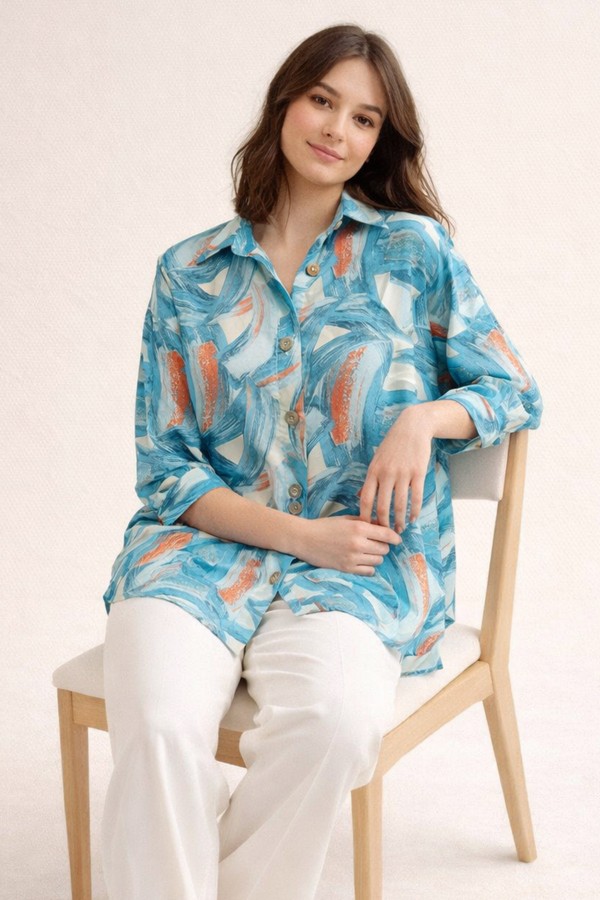  Desenli Tesettür Gömlek Turkuaz 8880