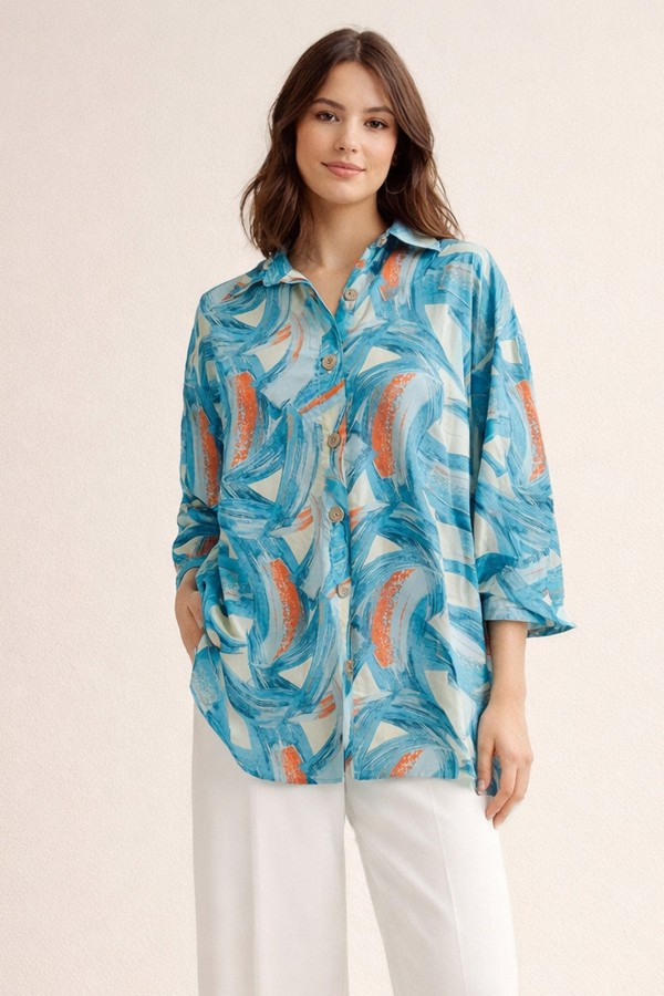  Desenli Tesettür Gömlek Turkuaz 8880