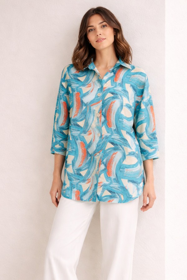  Desenli Tesettür Gömlek Turkuaz 8880