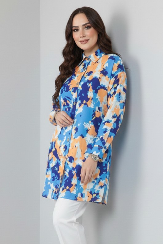  Desenli Tesettür Gömlek Saks Mavisi 8890