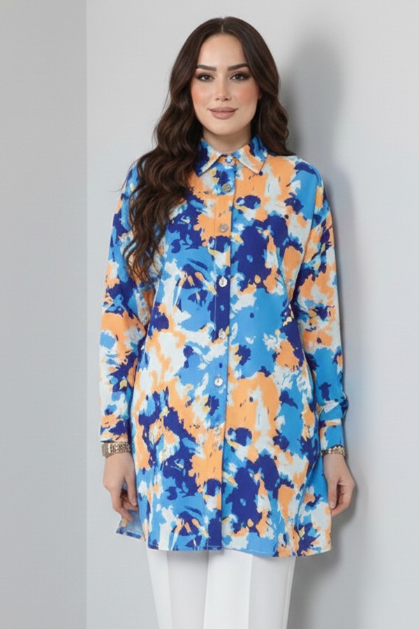 Desenli Tesettür Gömlek Saks Mavisi 8890 Desenli Tesettür Gömlek Saks Mavisi 8890