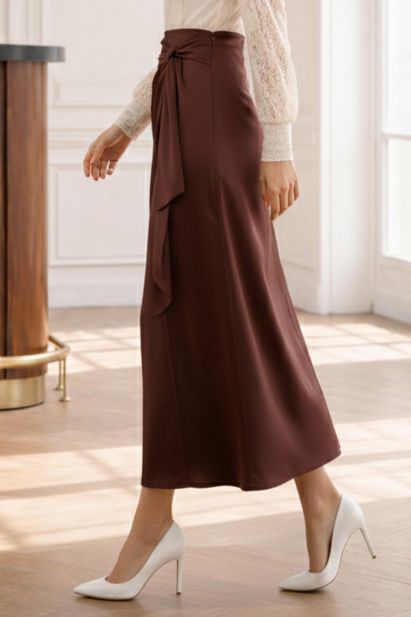 Fularlı Saten Etek A60687 Kahverengi