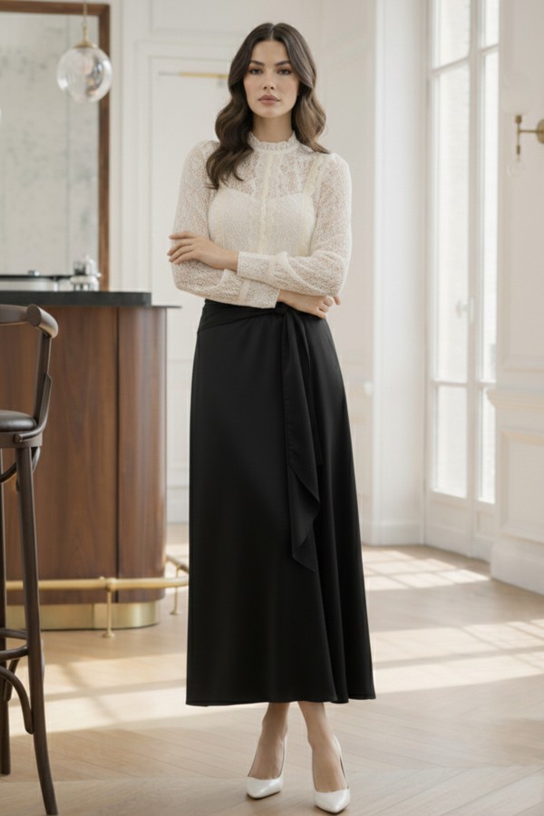 Fularlı Saten Etek A60687 Siyah Fularlı Saten Etek A60687 Siyah