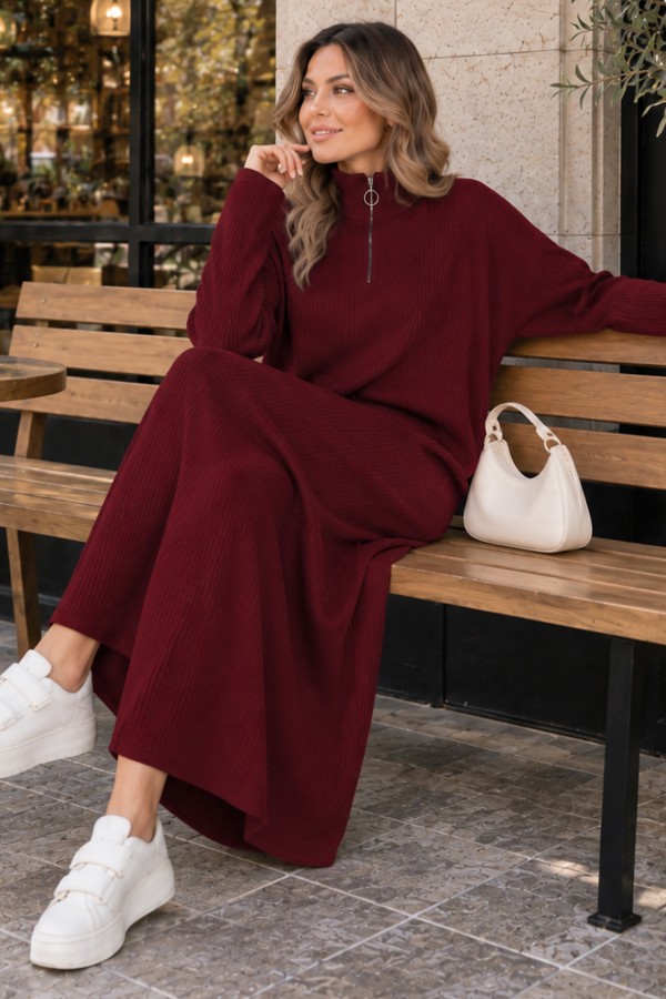 Fitilli Triko Elbise K3005 Bordo