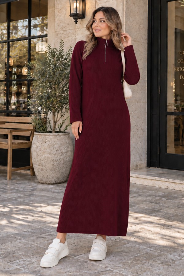 Fitilli Triko Elbise K3005 Bordo