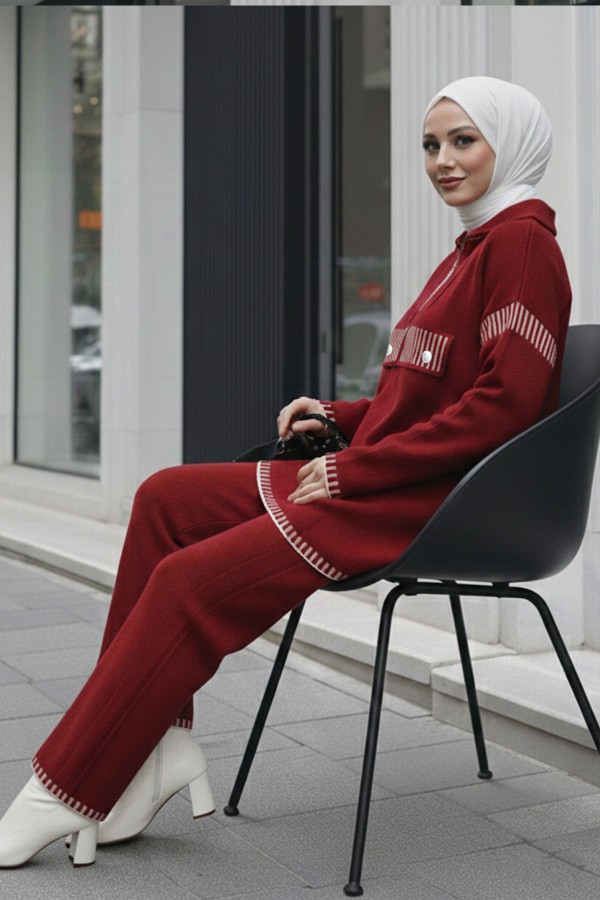 Yakası Fermuarlı Triko Takım S1105 Bordo