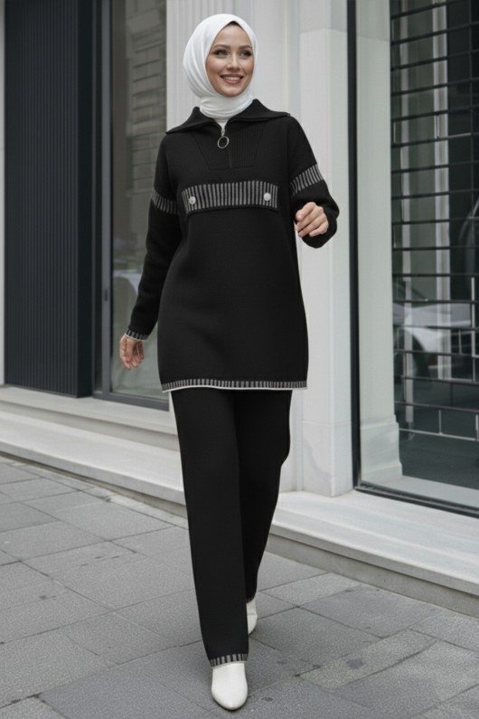 Yakası Fermuarlı Triko Takım S1105 Siyah Yakası Fermuarlı Triko Takım S1105 Siyah