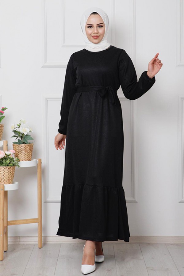  Taş Desenli̇ Uzun Tesettür Elbi̇se Siyah 6646