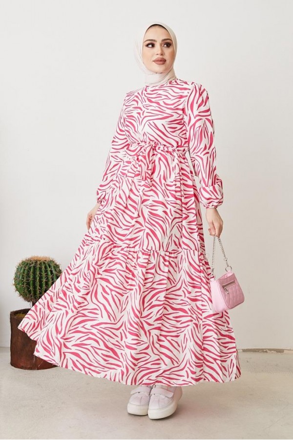  Zebra Desen Elbise Fuşya 401