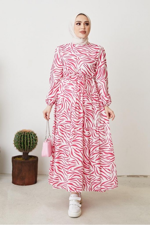  Zebra Desen Elbise Fuşya 401