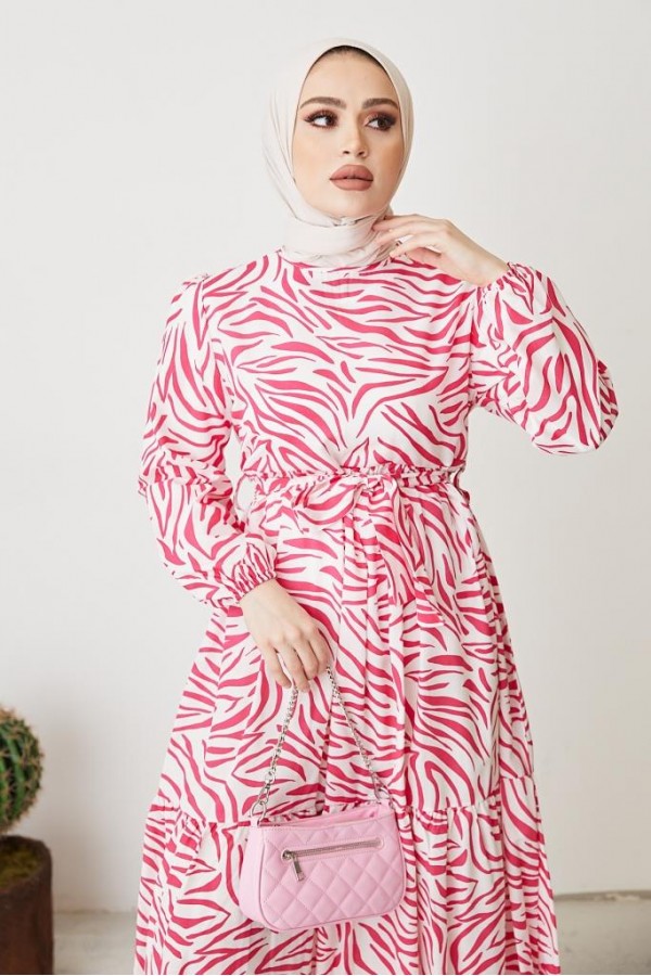  Zebra Desen Elbise Fuşya 401