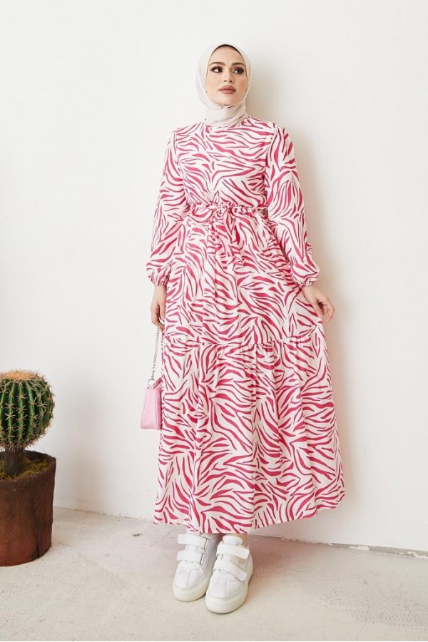  Zebra Desen Elbise Fuşya 401