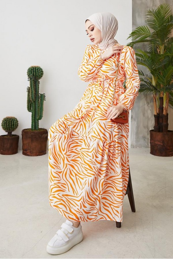  Zebra Desen Elbise Oranj 401