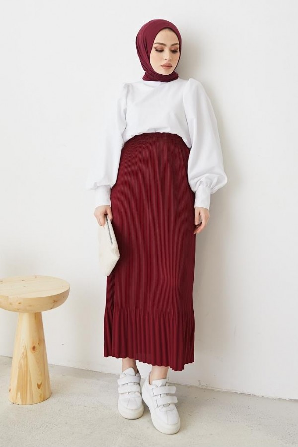 Piliseli Tesettür Etek Bordo 205