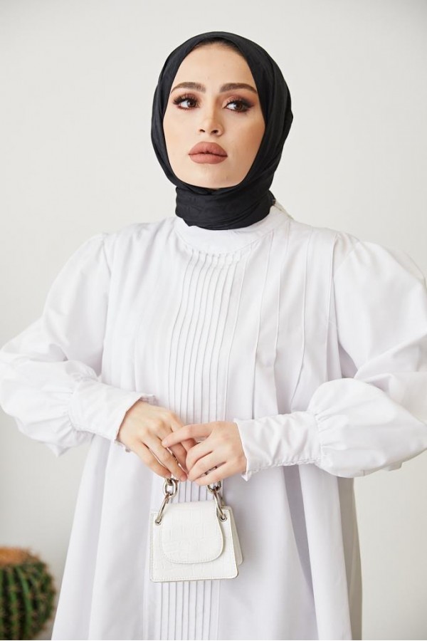  Pile Nevür Detaylı Tesettür Gömlek Beyaz 61441