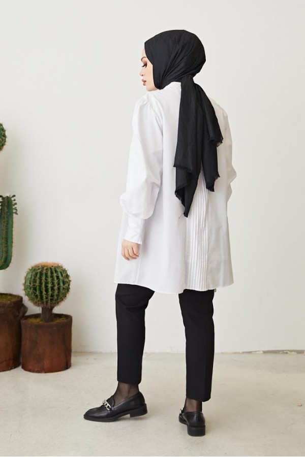  Pile Nevür Detaylı Tesettür Gömlek Beyaz 61441