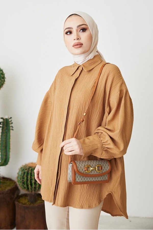 Balon Kol Salaş Gömlek Camel 61446 Balon Kol Salaş Gömlek Camel 61446