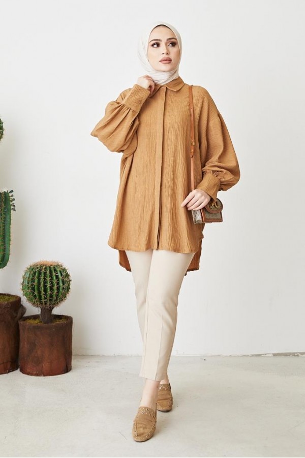 Balon Kol Salaş Gömlek Camel 61446 Balon Kol Salaş Gömlek Camel 61446